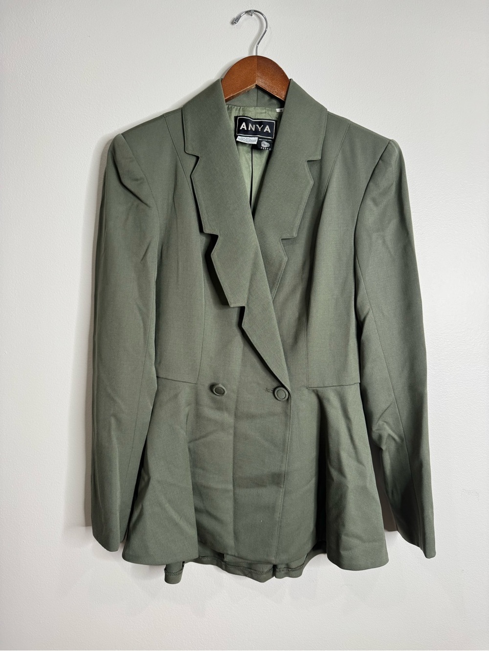 Vintage Anya 100% Wool Army Green Notch Lapel Bow Double Breasted Blazer Size 8
